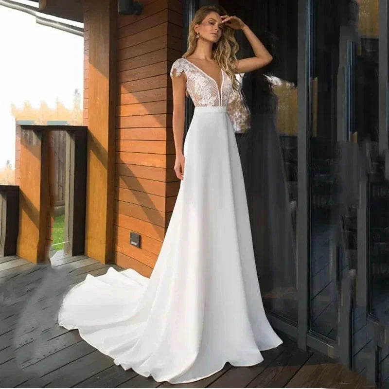 Bohemian Deep V-neck Bridal Dresses 2024 Elegant Lace Sticking Flora Back Chiffon Wedding Gowns De Mariée Customized Robe De