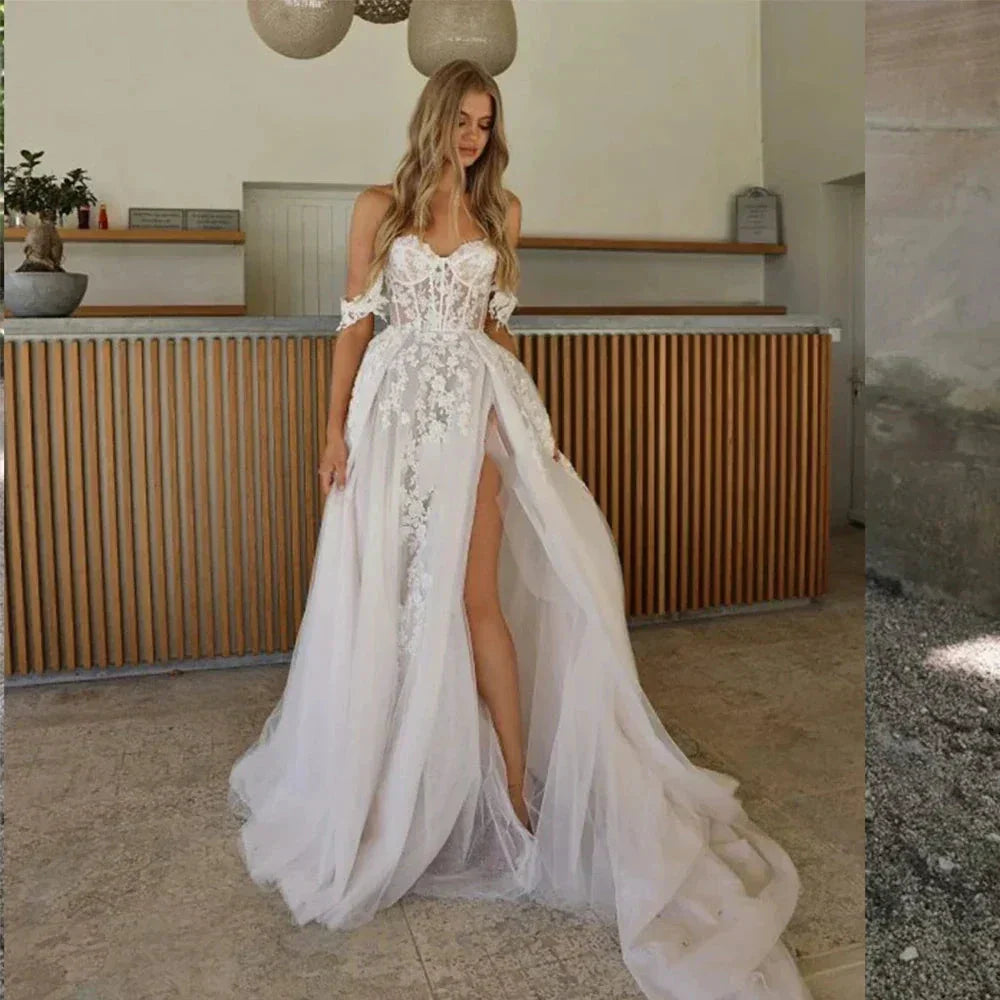 Bohemian Wedding Dresses Women's Sexy and Elegant Side High Split Tulle Lace Applique Off Shoulder Princess Bridal Gowns De