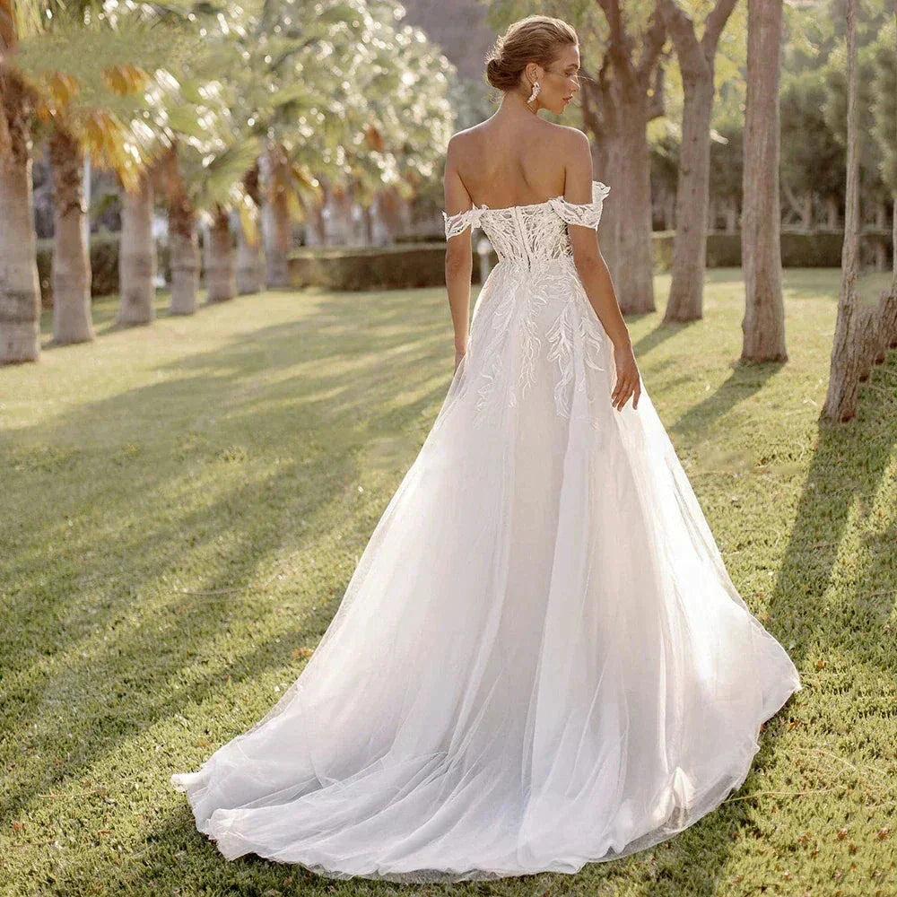 Bohemian Women's Wedding Dresses Sexy Off Shoulder A-Line Sheer Sticker Princess Prom Bridal Gowns  Vestidos De Novia Robe