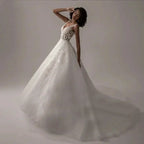 Boho Lace Appliques Wedding Dresses A Line Fuffy Tulle Ball Gowns Sleeveless V Neck Formal Bride Beach Party Vestido De Novia