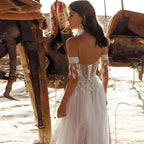 Boho Lace Tassel Tulle Beach Wedding Dresses Sweetheart Neck Off The Shoulder A-Line Illusion Lace Up Backless 2023 Bridal Gowns