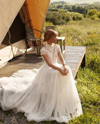 Boho Lace Tulle High Neck Wedding Dresses Women's Cap Sleeves A-Line Bohemian Bridal Gowns Vintage Elegant Robes De Mariée