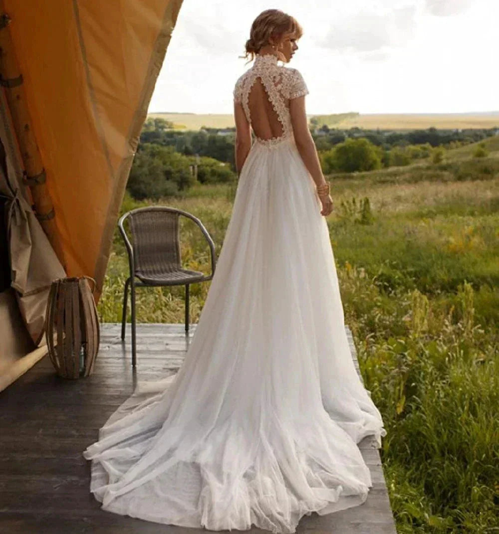 Boho Lace Tulle High Neck Wedding Dresses Women's Cap Sleeves A-Line Bohemian Bridal Gowns Vintage Elegant Robes De Mariée