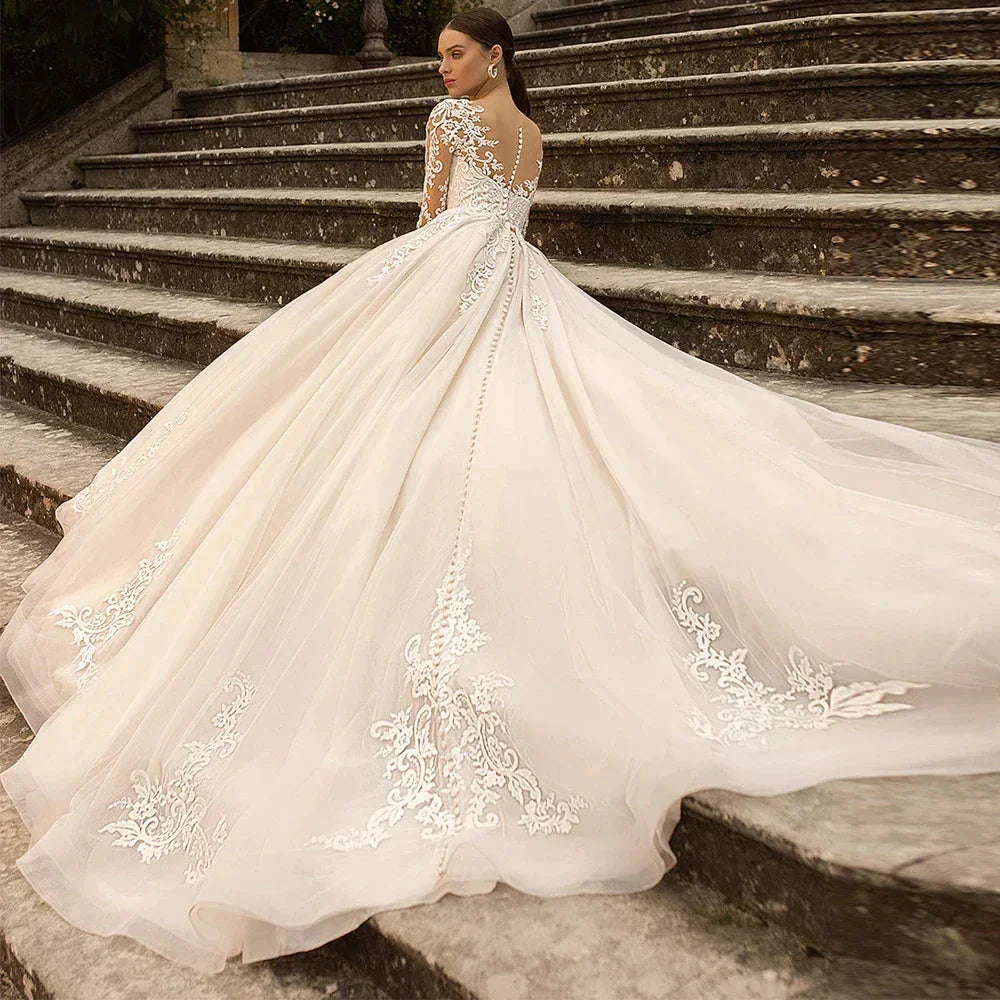Boho Lace Tulle Wedding Dress  Princess Champagne A-Line V-Neck Long Sleeves Appliques Illusion Backless With Button Bridal Gown