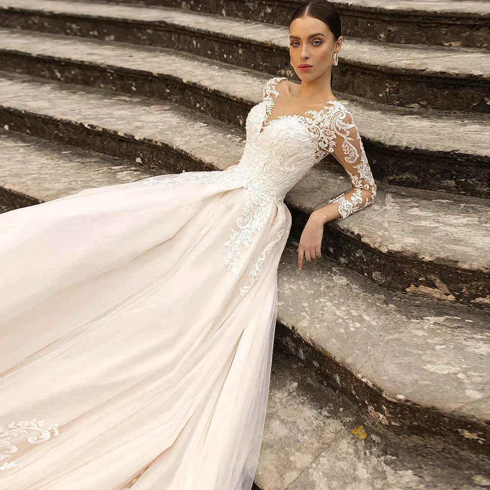 Boho Lace Tulle Wedding Dress  Princess Champagne A-Line V-Neck Long Sleeves Appliques Illusion Backless With Button Bridal Gown