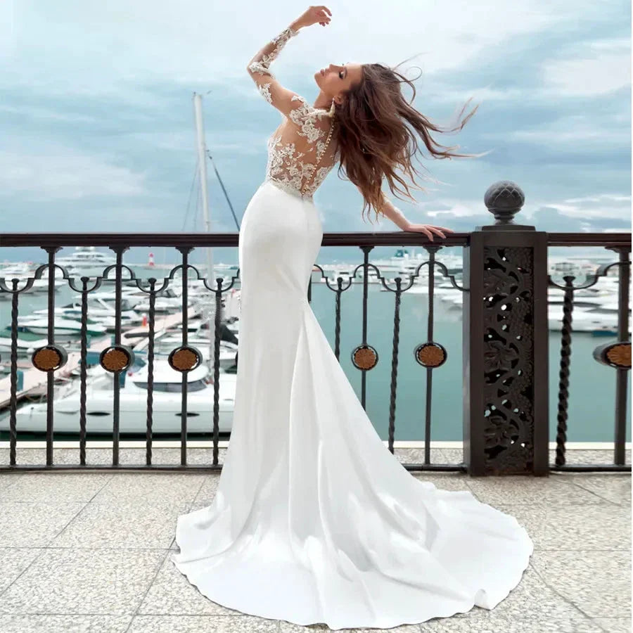 Mermaid Wedding Dresses Long Sleeves Sheer Scoop Neckline Applique Satin Buttons Back Beach Bridal Gowns Sweep Train 2023