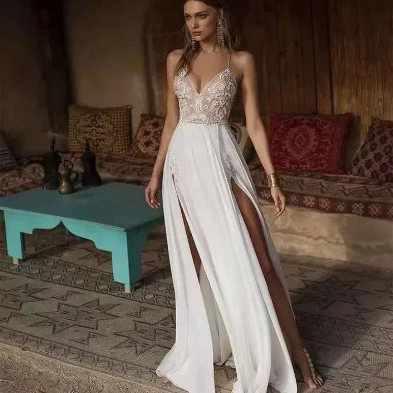 Boho Wedding Dress Sexy Slit Beach Wedding Dress V Neck Bridal Gown Spaghetti Strap Chiffon Backless Vestido De Noiva Brautkleid