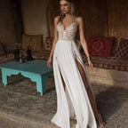 Boho Wedding Dress Sexy Slit Beach Wedding Dress V Neck Bridal Gown Spaghetti Strap Chiffon Backless Vestido De Noiva Brautkleid