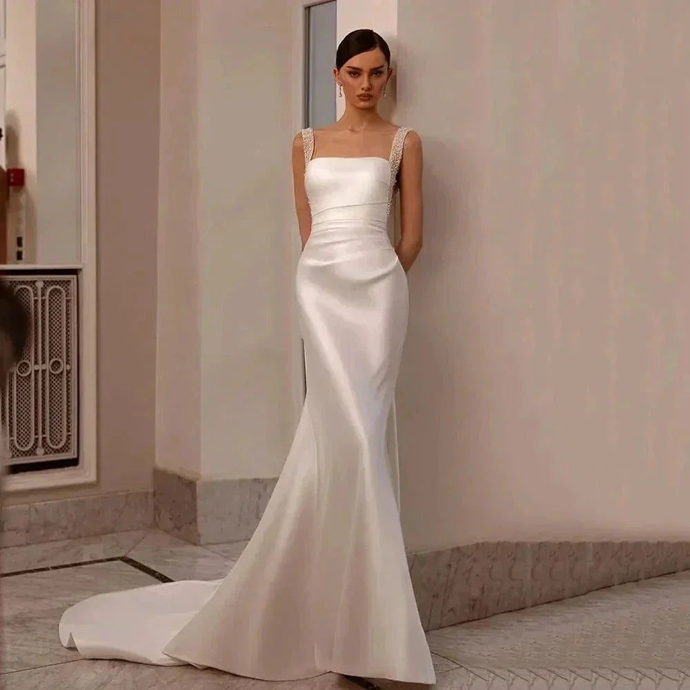 Boho Wedding Dresses Off The Shoulder With Sequined Square Neck Ball Gowns Smooth Satin Formal Bridal Party Vestido De Novia