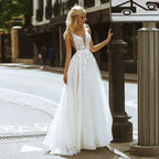 Boho Wedding Dresses V-Neck Appliques Lace A-Line Tulle Wedding Gown Beach Simple Bridal Dress bestidos de novia