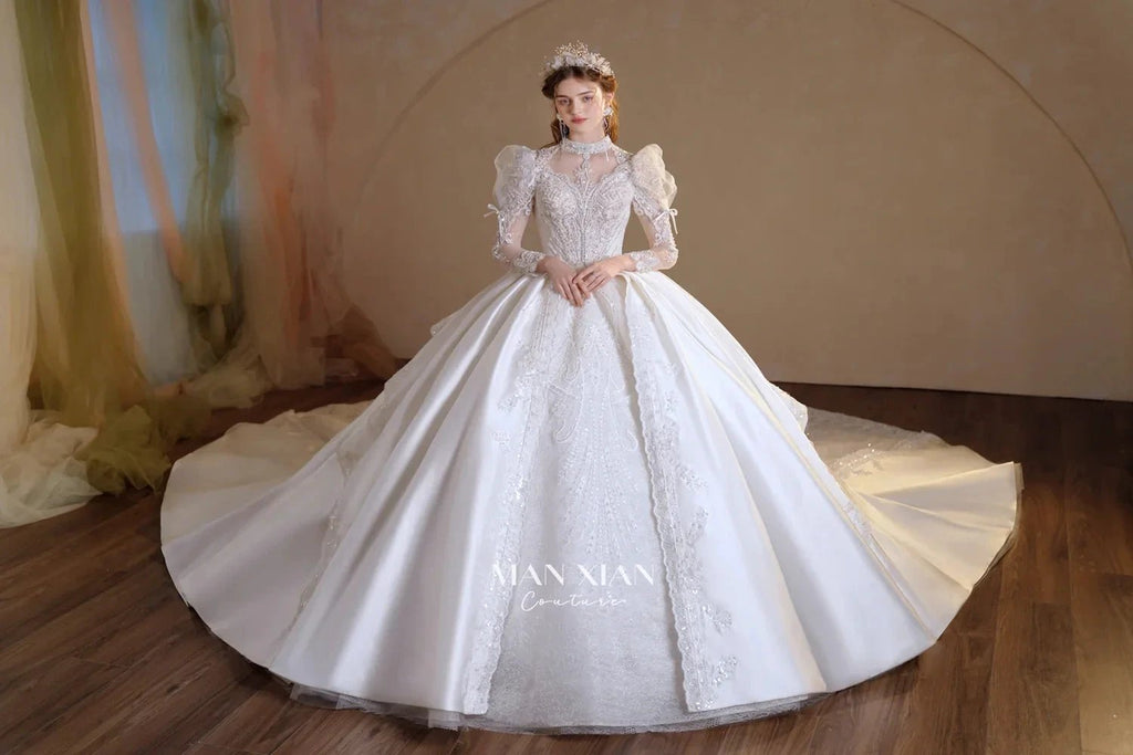 Gorgeous Long Ball Gown High Neck Sheer Long Sleeve Satin Wedding Dress with Crystal Embroidery & Train N002