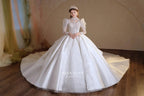 Gorgeous Long Ball Gown High Neck Sheer Long Sleeve Satin Wedding Dress with Crystal Embroidery & Train N002