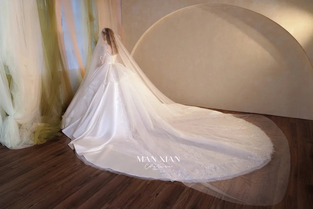 Gorgeous Long Ball Gown High Neck Sheer Long Sleeve Satin Wedding Dress with Crystal Embroidery & Train N002