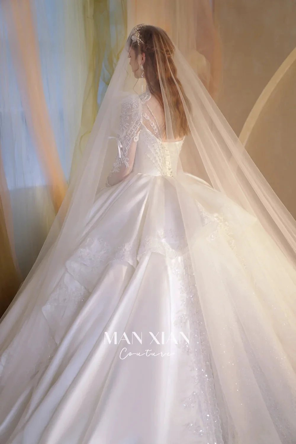 Gorgeous Long Ball Gown High Neck Sheer Long Sleeve Satin Wedding Dress with Crystal Embroidery & Train N002