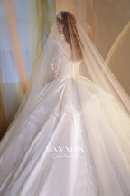 Gorgeous Long Ball Gown High Neck Sheer Long Sleeve Satin Wedding Dress with Crystal Embroidery & Train N002