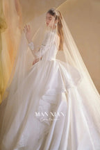 Gorgeous Long Ball Gown High Neck Sheer Long Sleeve Satin Wedding Dress with Crystal Embroidery & Train N002