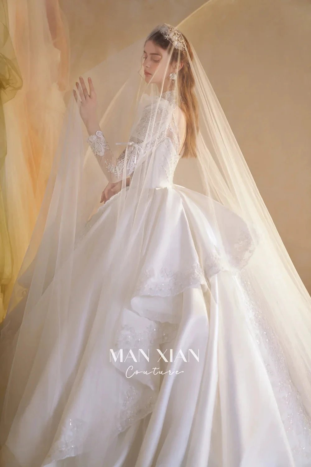 Gorgeous Long Ball Gown High Neck Sheer Long Sleeve Satin Wedding Dress with Crystal Embroidery & Train N002