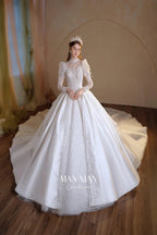 Gorgeous Long Ball Gown High Neck Sheer Long Sleeve Satin Wedding Dress with Crystal Embroidery & Train N002