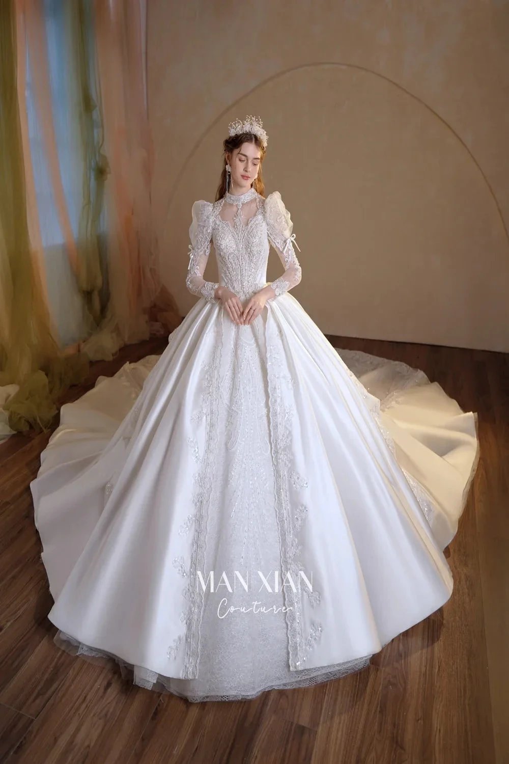 Gorgeous Long Ball Gown High Neck Sheer Long Sleeve Satin Wedding Dress with Crystal Embroidery & Train N002