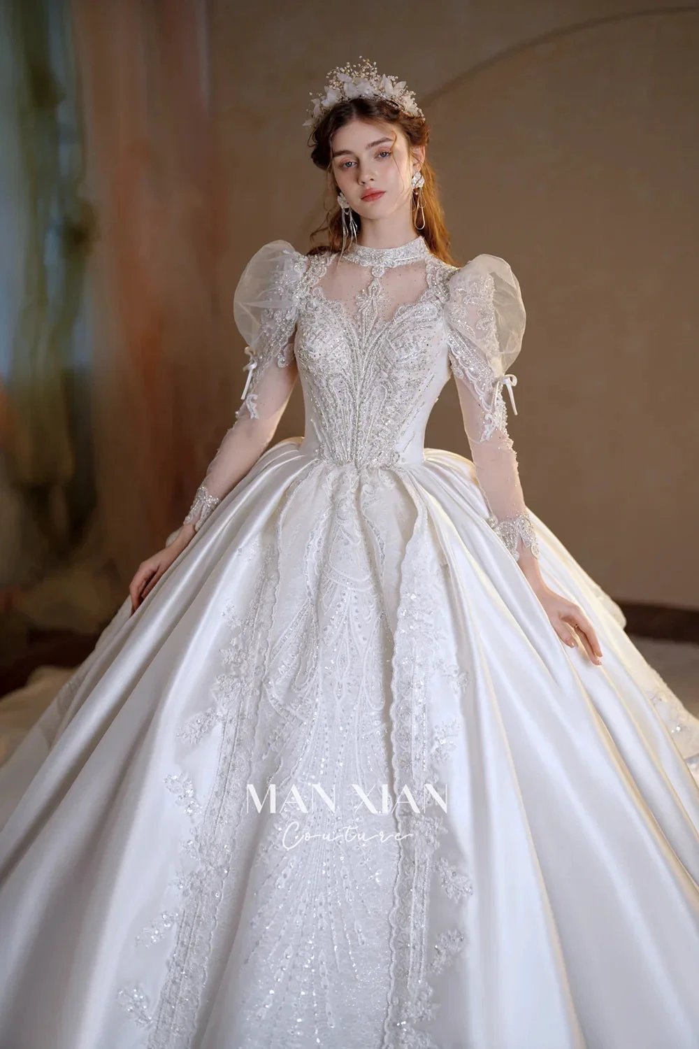 Gorgeous Long Ball Gown High Neck Sheer Long Sleeve Satin Wedding Dress with Crystal Embroidery & Train N002