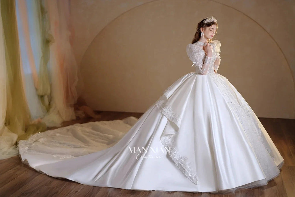 Gorgeous Long Ball Gown High Neck Sheer Long Sleeve Satin Wedding Dress with Crystal Embroidery & Train N002