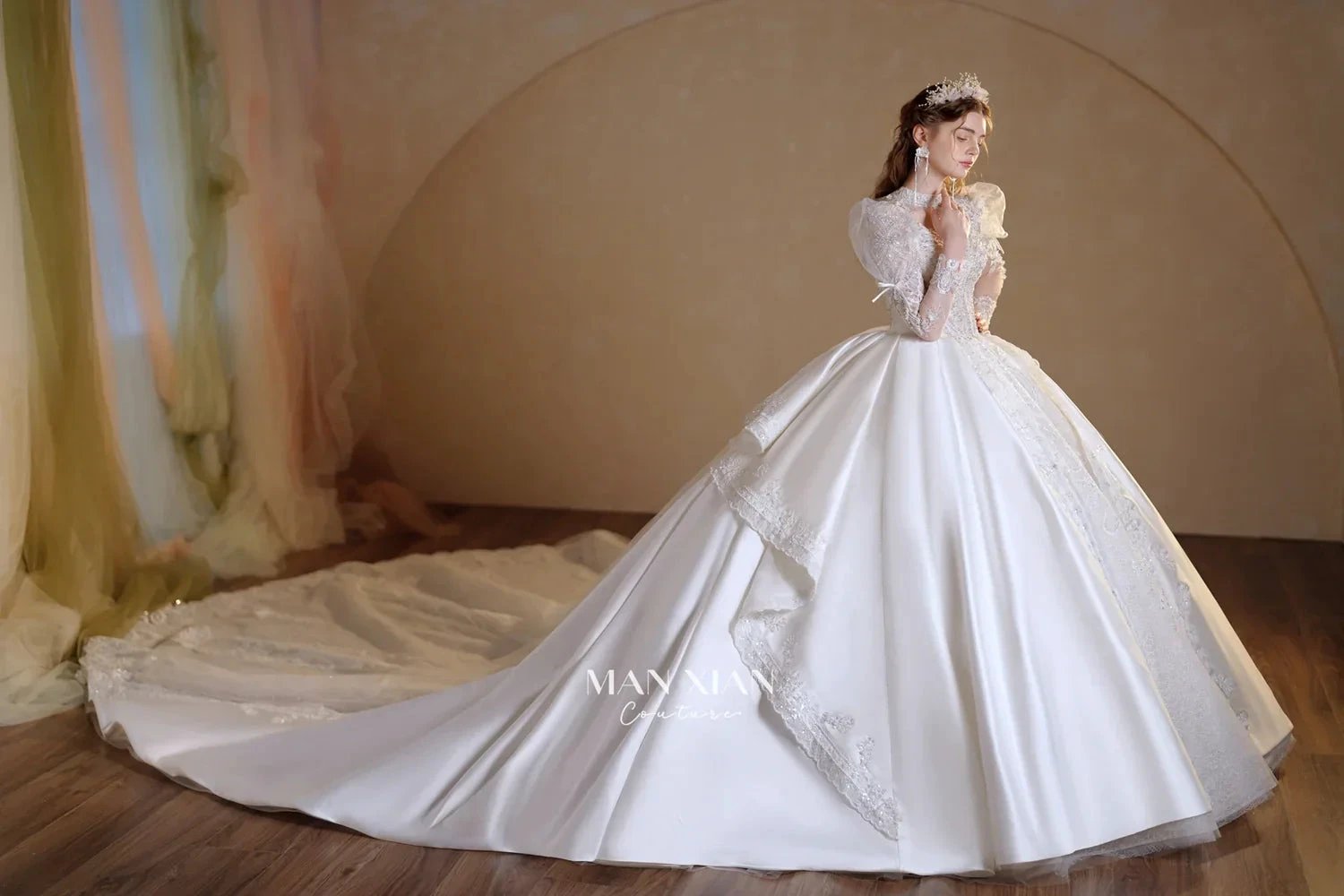 Gorgeous Long Ball Gown High Neck Sheer Long Sleeve Satin Wedding Dress with Crystal Embroidery & Train N002