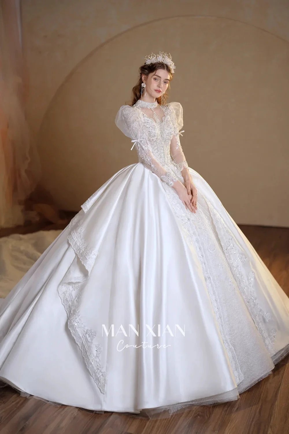 Gorgeous Long Ball Gown High Neck Sheer Long Sleeve Satin Wedding Dress with Crystal Embroidery & Train N002