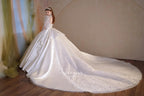 Gorgeous Long Ball Gown High Neck Sheer Long Sleeve Satin Wedding Dress with Crystal Embroidery & Train N002