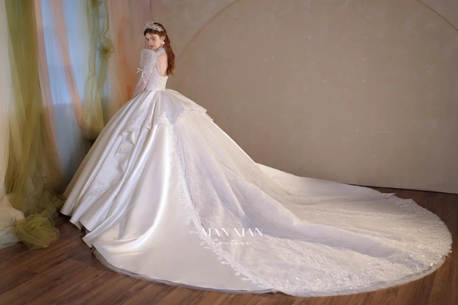 Gorgeous Long Ball Gown High Neck Sheer Long Sleeve Satin Wedding Dress with Crystal Embroidery & Train N002