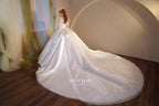 Gorgeous Long Ball Gown High Neck Sheer Long Sleeve Satin Wedding Dress with Crystal Embroidery & Train N002