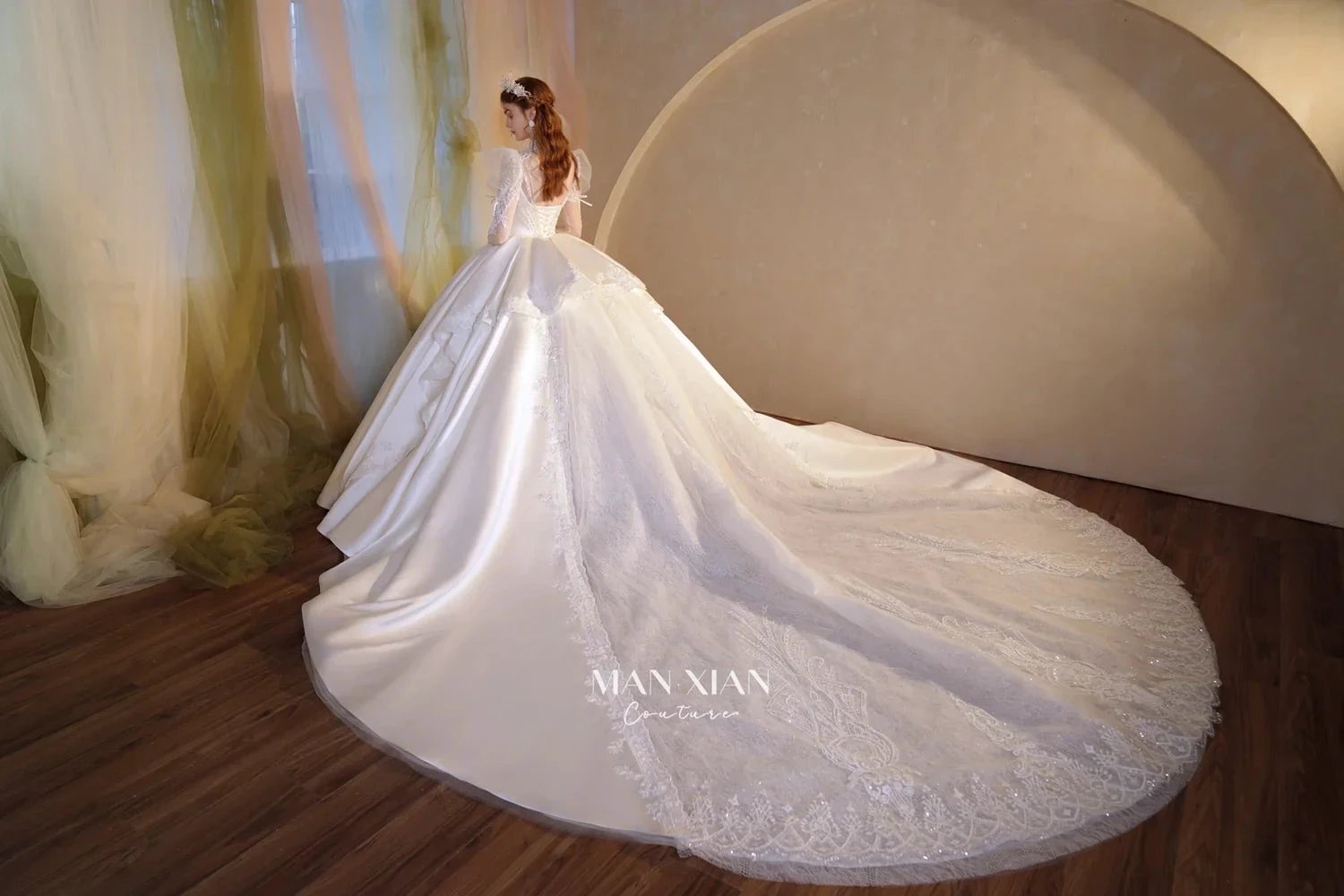 Gorgeous Long Ball Gown High Neck Sheer Long Sleeve Satin Wedding Dress with Crystal Embroidery & Train N002