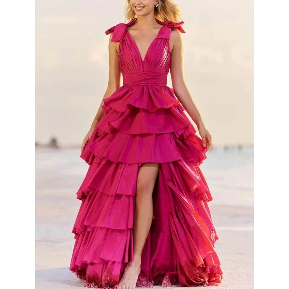 Rose Pink V Neck Sleeveless Slit Evening Dress Female Formal Party Prom Gown