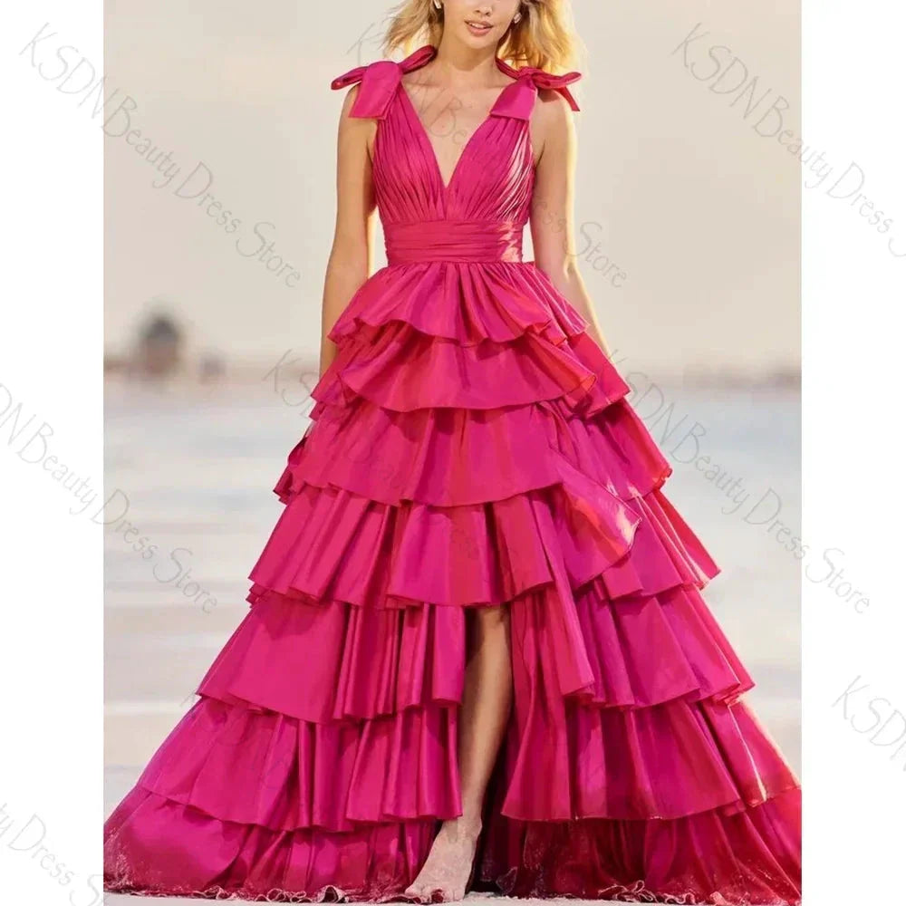 Rose Pink V Neck Sleeveless Slit Evening Dress Female Formal Party Prom Gown