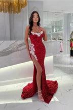 Burgundy Split Front Mermaid Floor-Length Prom Dress with Appliques