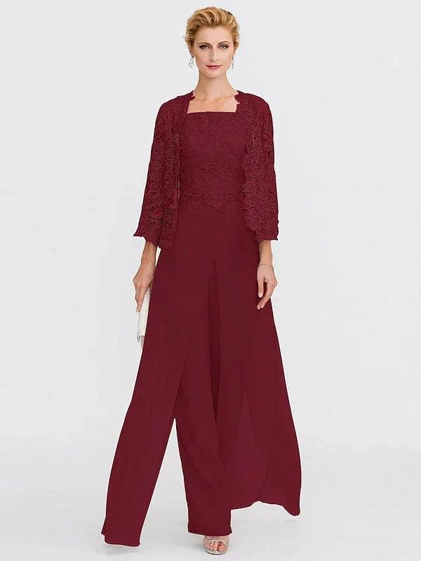 3 Piece Chiffon Square Neck Mother of the Bride Pantsuits with Jacket