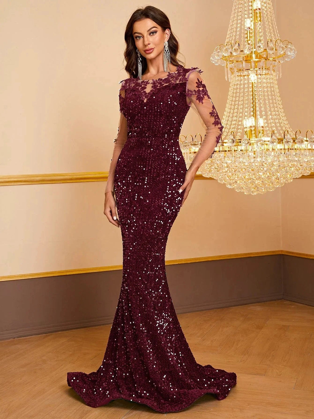 Women's Contrast Sequin embroidered Mermaid Hem Sequin Prom Dress