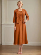 A-line Scoop Tea-Length Lace Chiffon Mother of the Bride Dress