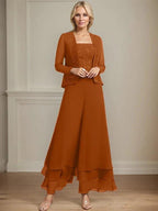 Separates Jumpsuit/Pantsuit Square Ankle-Length Lace Chiffon Mother of the Bride Dress With Sequins