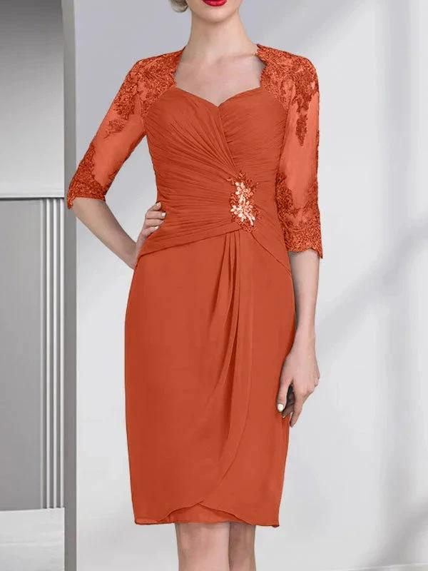 Sheath/Column Sweetheart Knee-Length Chiffon Mother of the Bride Dress With Beading Appliques Lace Sequins Pleated