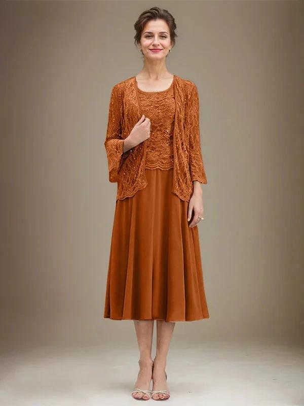 A-line Scoop Tea-Length Lace Chiffon Mother of the Bride Dress With Sequins