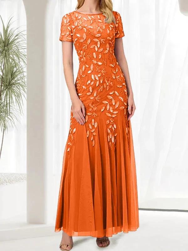 Blue Mermaid Round Neck Long Mother of the Bride Dress With Beadings