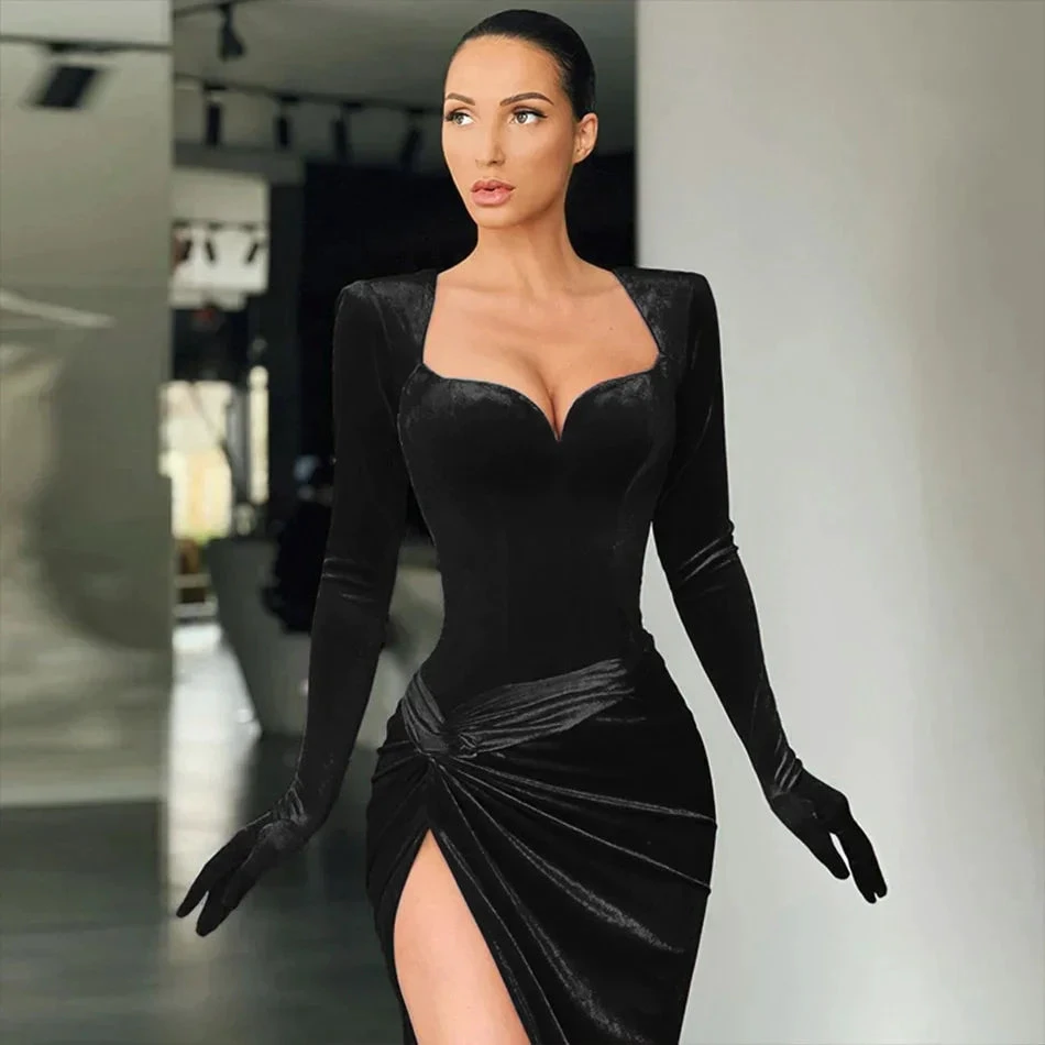 Elegant Royal Blue Velvet Evening Dress High Slit Formal Dress  Y402