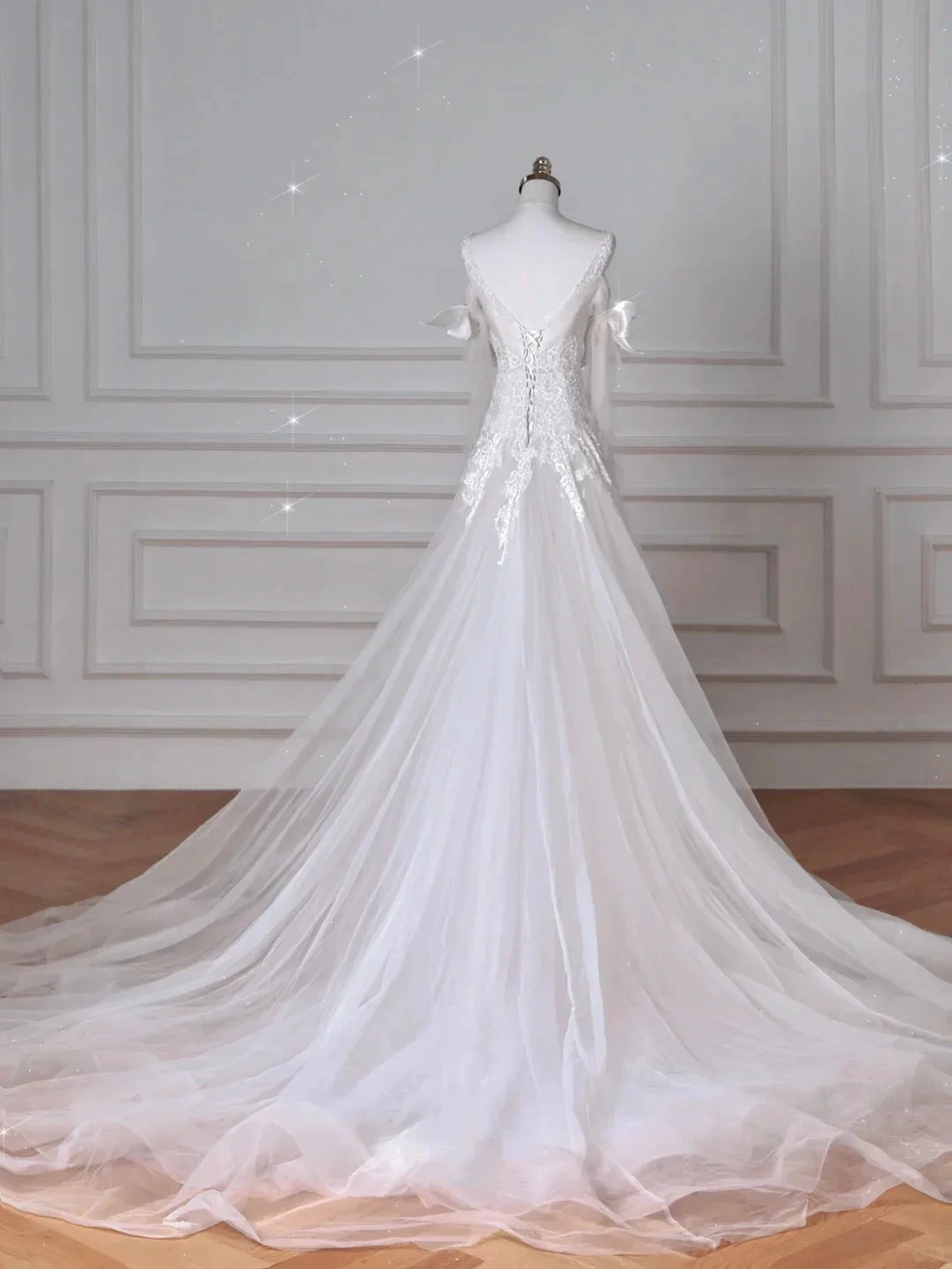 Fairy White V Neck Tulle Lace Appliques Mermaid Evening Dress,Long Wedding Dress Y8636