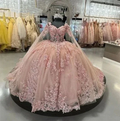 Sexy Quinceanera Dress Blush Pink Lace Appliques Crystal Beads Sweetheart With Flowers Blush Pink Ball Gown  Y5886