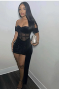 Black Sexy Patchwork Solid See-through Backless Off the Shoulder Homecoming Dress Y2525