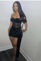 Black Sexy Patchwork Solid See-through Backless Off the Shoulder Homecoming Dress Y2525
