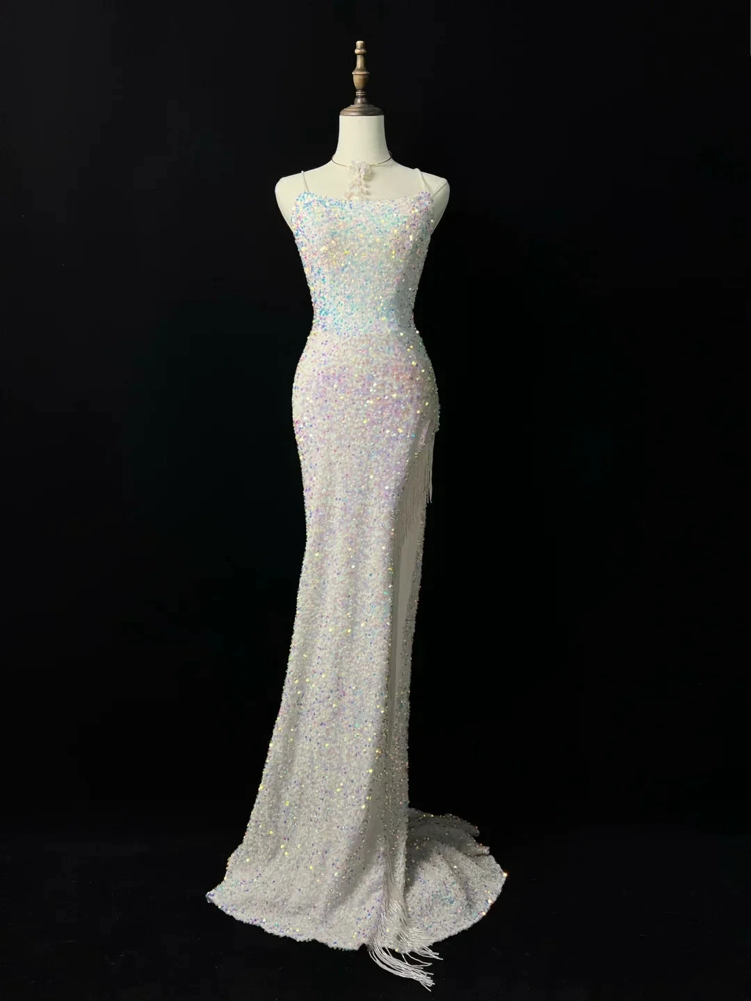 Sparkly White Spaghetti Straps Sequins Prom Dress Mermaid Slit Tassel Evening Dress Y8648