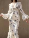 Elegant Ice Blue Rose Chiffon Print Floral Prom Dress Long Mermaid Evening Dress Y8407