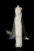Simple Strapless Satin Lace Sheath Long Prom Dress White Evening Dress Y8689