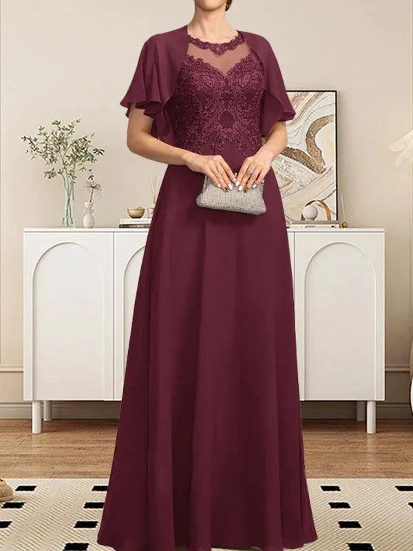 A-line Scoop Illusion Floor-Length Lace Chiffon Mother of the Bride Dress With Sequins